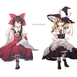 Rule 34 | 2girls, apron, ascot, blonde hair, boots, bow, braid, brown hair, closed eyes, corset, crossed legs, detached sleeves, dress, female focus, hair bow, hakurei reimu, hat, highres, japanese clothes, kirisame marisa, licking lips, long hair, miko, multiple girls, petticoat, short sleeves, simple background, sitting, tongue, tongue out, touhou, white background, witch, witch hat, yellow eyes, yonu (nyonu), yonu (yonurime)