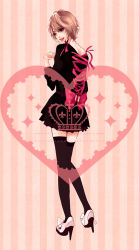 Rule 34 | 1girl, black thighhighs, bow, brown eyes, brown hair, dress, full body, heart, high heels, looking at viewer, looking back, minaki rena, original, pink background, ribbon, short hair, simple background, skirt, solo, standing, stiletto heels, striped, striped background, thighhighs, zettai ryouiki