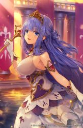 Rule 34 | 1girl, :d, bare shoulders, blush, breasts, character request, cinderella (grimms echoes), commentary request, dress, gloves, grimms echoes, hair bun, hand up, holding, holding wand, index finger raised, large breasts, long hair, looking at viewer, makihitsuji, official art, one side up, open mouth, outdoors, pillar, purple eyes, purple hair, single hair bun, sleeveless, sleeveless dress, smile, solo, tiara, very long hair, wand, watermark, white dress, white gloves