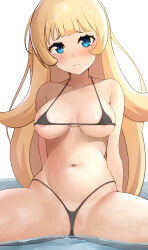 Rule 34 | 1girl, absurdres, areola slip, arms behind back, bare shoulders, bikini, black bikini, blonde hair, blue eyes, blush, breasts, breasts apart, closed mouth, collarbone, frontal wedgie, frown, gluteal fold, groin, highres, hime-sama &quot;goumon&quot; no jikan desu, hime (himesama goumon), karamete19, long hair, looking at viewer, medium breasts, micro bikini, navel, partially submerged, solo, spread legs, stomach, swimsuit, thighs, very long hair, water, wet