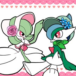 Rule 34 | 1boy, 1girl, arm up, arms at sides, bandana, blue flower, blue hair, bob cut, bonnet, cabbie hat, capelet, chibi, closed mouth, clothed pokemon, colored skin, creatures (company), eye contact, flat chest, flat color, flower, from side, gallade, game freak, gardevoir, gardevoir (fashionable), gen 3 pokemon, gen 4 pokemon, green bandana, green hair, green headwear, green skin, hair over one eye, happy, hat, hat flower, heart, looking at another, mohawk, monya, multicolored hair, multicolored skin, nintendo, one eye covered, open mouth, pink flower, pink rose, pink trim, pokemon, pokemon (creature), pokemon unite, red eyes, rose, short hair, sitting, smile, two-tone hair, two-tone skin, white background, white capelet, white headwear, white skin