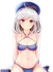 Rule 34 | 1girl, ahoge, alicia (sennen sensou aigis), blue hat, blush, breasts, cleavage, closed mouth, collarbone, hat, looking at viewer, medium breasts, nannacy7, navel, red eyes, sennen sensou aigis, silver hair, sitting, smile, solo