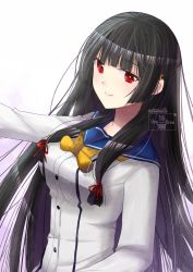 Rule 34 | 1girl, black hair, blunt bangs, commentary request, hair ribbon, highres, isokaze (kancolle), kantai collection, kimura shiki, long hair, long sleeves, looking at viewer, one-hour drawing challenge, red eyes, ribbon, school uniform, serafuku, simple background, smile, solo, tress ribbon, twitter username, upper body, white background