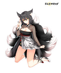 Rule 34 | 1girl, alternate hair color, animal ear fluff, animal ears, ankle bell, black dress, black footwear, black hair, black sleeves, black tail, breasts, cleavage, cleavage cutout, closed mouth, closers, clothing cutout, copyright name, dress, dress tug, fingernails, fox ears, fox girl, fox tail, full body, green eyes, hand up, high heels, highres, kitsune, kneeling, kyuubi, large breasts, layered dress, logo, long fingernails, long hair, long sleeves, looking at viewer, low twintails, multiple tails, official art, salute, see-through, see-through sleeves, smile, solo, soma (closers), tachi-e, tail, twintails, two-finger salute, two-tone dress, wedge heels, white background, white dress