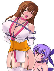 Rule 34 | 2girls, :3, arms behind back, ayane (doa), bare shoulders, bdsm, bondage, bound, bound arms, box tie, breast bondage, breasts, brown hair, collar, dead or alive, elbow gloves, closed eyes, garter straps, gloves, headband, heart, heart-shaped pupils, kasumi (doa), large breasts, long hair, multiple girls, ninja, pelvic curtain, purple hair, rape face, red eyes, rope, shibari, short hair, siblings, sisters, symbol-shaped pupils, tecmo, thighhighs, you gonna get raped, yuri, zero hime