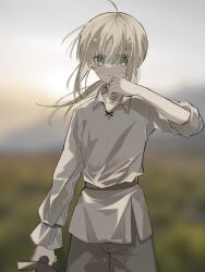 Rule 34 | 1girl, ahoge, artoria pendragon (fate), belt, blonde hair, blurry, blurry background, collarbone, fate/stay night, fate (series), green eyes, grey pants, hand up, highres, looking at viewer, medium hair, nayu tundora, pants, ponytail, shirt, sidelocks, sleeves rolled up, solo, sweat, sword, tunic, weapon, white shirt, white tunic, wiping sweat, wooden sword