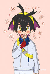 Rule 34 | 1boy, arm at side, black hair, blue shirt, blush stickers, candy, collared shirt, colored inner hair, commentary request, creatures (company), crossed bangs, eating, food, game freak, gloves, hair between eyes, hairband, highres, holding, jacket, kanchan kani, kieran (pokemon), lollipop, long sleeves, looking at viewer, male focus, multicolored hair, necktie, nintendo, pokemon, pokemon sv, red gloves, red necktie, shirt, short hair, shorts, solo, white jacket, white shorts, yellow eyes, yellow hairband