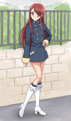Rule 34 | 10s, 1girl, aikatsu!, aikatsu! (series), boots, brown hair, buttons, coat, double-breasted, eyelashes, fashion, fence, happy, high heel boots, high heels, highres, knee boots, kneehighs, long hair, looking at viewer, nigou, outdoors, purple eyes, shibuki ran, sidelocks, smile, socks, solo, standing, wall, winter clothes, winter coat
