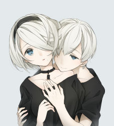 Rule 34 | 1boy, 1girl, bad id, bad pixiv id, bare shoulders, black hairband, black neckwear, black shirt, breasts, choker, closed mouth, collarbone, couple, eyelashes, face-to-face, grey background, grey hair, hair between eyes, hair over one eye, hairband, hand on another&#039;s arm, hand on another&#039;s chest, hands up, hetero, highres, hug, hug from behind, maerchen noir, medium breasts, mole, mole under mouth, nier:automata, nier (series), no blindfold, off-shoulder shirt, off shoulder, open mouth, parted lips, pink lips, shirt, short hair, simple background, smile, upper body, 2b (nier:automata), 9s (nier:automata)