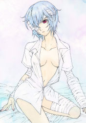 Rule 34 | 1girl, ayanami rei, bandages, bandage over one eye, blue hair, bottomless, breasts, cast, collarbone, expressionless, eyepatch, highres, navel, neon genesis evangelion, open clothes, open shirt, red eyes, sayococco, shirt, short hair, solo, traditional media