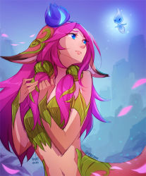 Rule 34 | 1girl, artist name, bare shoulders, blue eyes, blue flower, centaur, commentary request, day, detached sleeves, fairy, flower, hair flower, hair ornament, league of legends, lillia (league of legends), long hair, looking at another, looking to the side, monster girl, navel, outdoors, petals, pink hair, solo, taur, vmat
