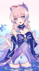 Rule 34 | 1girl, :d, absurdres, bare shoulders, blue bow, blue choker, blue dress, blue hair, bow, breasts, choker, cleavage, commentary, dress, genshin impact, gradient hair, highres, himey, long hair, looking at viewer, multicolored hair, open mouth, pink hair, purple eyes, sangonomiya kokomi, short shorts, shorts, smile, solo, very long hair, wading, water, white shorts
