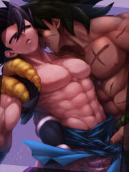 Rule 34 | 2boys, abs, bara, bare pectorals, black eyes, black hair, broly (dragon ball super), couple, cross scar, dark-skinned male, dark skin, dragon ball, dragon ball super, dragon ball super broly, gogeta, gureshi db, highres, imminent bite, male focus, medium hair, metamoran vest, multiple boys, muscular, muscular male, navel, nipples, pectorals, scar, scar on chest, short hair, sleeveless, spiked hair, stomach, sweatdrop, thick eyebrows, topless male, undressing another, yaoi