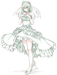 Rule 34 | 1girl, ayase tamaki, bead necklace, beads, bow, collarbone, dress, female focus, flower, flower knight girl, frilled dress, frills, full body, green bow, green dress, green footwear, green hair, grey eyes, hair flower, hair ornament, highres, jewelry, necklace, saboten (flower knight girl), shoes, short hair, smile, solo, standing, veil, white background
