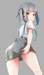 Rule 34 | 10s, 1girl, back, comah, embarrassed, grey hair, hand on own thigh, kantai collection, kasumi (kancolle), long hair, looking back, school uniform, shirt, short sleeves, side ponytail, skirt, solo, suspender skirt, suspenders, wavy mouth, white shirt, yellow eyes