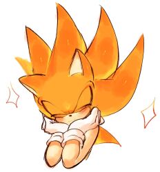 Rule 34 | 1boy, animal ears, animal nose, blush, closed eyes, closed mouth, commentary request, furry, furry male, gloves, hands on own face, hands up, hedgehog, highres, male focus, orange fur, simple background, smile, solo, sonic (series), sonic the hedgehog, star (symbol), super sonic, upper body, usa37107692, white background, white gloves, yellow fur