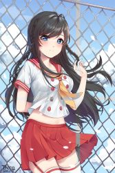 Rule 34 | 1girl, arm behind back, bad id, bad pixiv id, black hair, blue eyes, blush, braid, breasts, buttons, chain-link fence, check copyright, closed mouth, cloud, commentary request, commission, copyright request, cowboy shot, day, double-breasted, fence, hand up, highres, long hair, looking at viewer, midriff, miniskirt, neckerchief, original, outdoors, pleated skirt, red skirt, sailor collar, school uniform, serafuku, shirt, short sleeves, skirt, sky, solo, tacco (tikeworld), thighhighs, thighs, white shirt, white thighhighs, zettai ryouiki