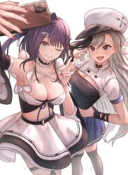 Rule 34 | 2girls, absurdres, arm up, armpits, artist name, azur lane, black nails, black thighhighs, blue eyes, blue skirt, breasts, cellphone, cleavage, closed mouth, collarbone, commission, detached sleeves, grey hair, hand on own hip, hat, highres, holding, holding phone, liverpool (azur lane), long hair, maid, medium breasts, medium hair, minsk (azur lane), multiple girls, one eye closed, open mouth, peaked cap, phone, pink nails, pleated skirt, purple eyes, purple hair, ra torens, selfie, simple background, skirt, smartphone, smile, thighhighs, v, very long hair, vgen commission, white background, white hat