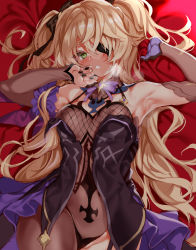 Rule 34 | 1girl, armpits, bare shoulders, black gloves, black nails, black pantyhose, blonde hair, blush, bodystocking, bow, breasts, cle masahiro, elbow gloves, eyepatch, fang, fischl (genshin impact), garter straps, genshin impact, gloves, green eyes, hair over one eye, highres, long hair, looking at viewer, medium breasts, nail polish, open mouth, pantyhose, purple bow, purple neckwear, single leg pantyhose, skin fang, solo, thighs, two side up