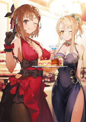 Rule 34 | atelier (series), atelier ryza, atelier ryza 2, blonde hair, blush, breasts, brown eyes, brown hair, cake, cake slice, cocktail glass, cup, drinking glass, food, gloves, green eyes, highres, holding, indoors, klaudia valentz, medium breasts, official art, one eye closed, pantyhose, reisalin stout, tongue, tongue out, toridamono
