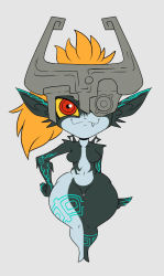 Rule 34 | 1girl, breasts, chibi, closed mouth, colored sclera, fang, flat color, full body, grey background, hand on own hip, helmet, highres, long hair, looking at viewer, medium breasts, mehdrawings, midna, monster girl, nintendo, nude, one eye covered, orange hair, pointy ears, red eyes, simple background, smile, solo, standing, the legend of zelda, the legend of zelda: twilight princess, thick thighs, thigh gap, thighs, wide hips, yellow sclera