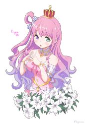 Rule 34 | 1girl, bare shoulders, blush, bow, bracelet, candy hair ornament, collarbone, crescent, crescent earrings, crown, detached collar, detached sleeves, dot nose, dress, dress bow, earrings, flower, food, food-themed hair ornament, frilled sleeves, frills, gradient hair, green eyes, haganemaru kennosuke, hair ornament, hair rings, heterochromia, highres, himemori luna, himemori luna (1st costume), hololive, jewelry, lily (flower), long hair, looking at viewer, mini crown, multicolored hair, one side up, open mouth, pink hair, puffy short sleeves, puffy sleeves, purple eyes, purple hair, short sleeves, solo, striped, striped bow, virtual youtuber, wavy hair
