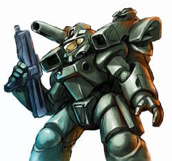 Rule 34 | aniki gunsou, armor, beam rifle, bullpup, commentary request, energy cannon, energy gun, gun, highres, mecha, mobile infantry, power armor, retro artstyle, robot, science fiction, shoulder cannon, simple background, sketch, solo, starship troopers, submachine gun, uchuu no senshi, upper body, weapon