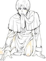 Rule 34 | 1boy, arm support, blush, bottomless, ichigo to marugao, kneeling, long sleeves, looking at viewer, male focus, mouth hold, original, parted bangs, pelvic curtain, shawl, simple background, smile, solo, spot color, tassel, teeth, thighs, white background
