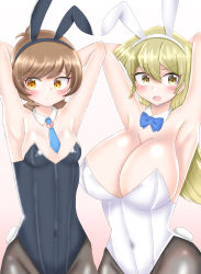 Rule 34 | 2girls, animal ears, armpits, arms up, bare shoulders, black headband, black legwear, black leotard, blonde hair, blue bow, blue neckwear, blush, bow, bowtie, breasts, brown eyes, brown hair, covered navel, cowboy shot, detached collar, fake animal ears, fake tail, gradient background, hair between eyes, headband, heart, highres, huge breasts, leotard, medium breasts, multiple girls, necktie, open mouth, pantyhose, pink background, playboy bunny, rabbit ears, rabbit tail, strapless, strapless leotard, swept bangs, tail, tenjouin asuka, user zufk3473, white headband, white leotard, yellow eyes, yu-gi-oh!, yu-gi-oh! gx, yu-gi-oh! vrains, zaizen aoi