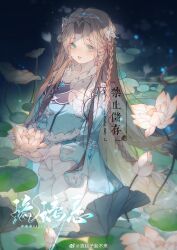 Rule 34 | 1girl, absurdres, artist request, blue dress, blue eyes, braid, collar, douluo dalu, dress, fireflies, flower, frilled collar, frills, highres, holding, holding flower, lily pad, long hair, long sleeves, lotus, night, ning rongrong (douluo dalu), parted lips, second-party source, solo, teeth, tiara, upper body, water