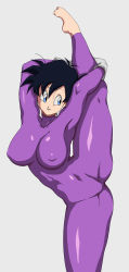 Rule 34 | 1girl, absurdres, barefoot, black hair, blue eyes, bodysuit, breasts, covered erect nipples, covered navel, dragon ball, dragonball z, feet, female focus, gloves, groin, hazama null, highres, large breasts, latex, latex bodysuit, leg up, legs, lifting own clothes, looking to the side, parted lips, short hair, simple background, smile, solo, split, standing, standing on one leg, standing split, thighs, toes, videl, white background, white gloves
