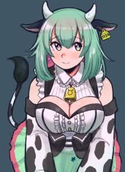 Rule 34 | 1girl, animal ears, animal print, aqua background, blush, breasts, cleavage, cleavage cutout, closed mouth, clothing cutout, collared dress, corset, cow ears, cow girl, cow horns, cow print, cow tail, cowbell, dress, ear tag, elbow gloves, frilled dress, frills, gloves, green eyes, green hair, green skirt, hair between eyes, highres, horns, large breasts, leaning forward, long hair, multicolored hair, pie (aipiepo), pink hair, pleated skirt, simple background, skirt, sleeveless, sleeveless dress, smile, solo, starry hair, tail, two-tone hair, upper body, ushizawa hishime, virtual youtuber, white dress