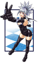 Rule 34 | 1girl, bare shoulders, boots, cleavage cutout, clothing cutout, demon wings, earrings, elbow gloves, gloves, jewelry, komori aimi, miniskirt, morisato yuuji, purple eyes, shadow lady, silver hair, skirt, solo, thigh boots, thighhighs, wings