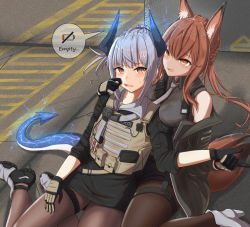 Rule 34 | 2girls, :d, anger vein, animal ear fluff, animal ears, ankle boots, arknights, bare shoulders, between breasts, black footwear, black gloves, black jacket, black shirt, black shorts, black skirt, blush, boots, braid, breasts, brown eyes, brown legwear, bulletproof vest, cheek pinching, collared shirt, day, dragon girl, dragon horns, dragon tail, electricity, english text, fox ears, fox girl, fox tail, franka (arknights), gloves, grey neckwear, high heel boots, high heels, holding hands, horns, jacket, pantyhose under shorts, liskarm (arknights), liskarm (overload) (arknights), long hair, long sleeves, looking at viewer, medium breasts, miniskirt, multiple girls, necktie, off shoulder, official alternate costume, on ground, open clothes, open jacket, open mouth, outdoors, pantyhose, pinching, ponytail, red eyes, road, shironekoban, shirt, short shorts, shorts, signature, simple background, sitting, skirt, smile, smug, speech bubble, street, sweatdrop, tail, thigh strap, v-shaped eyebrows, white footwear, yokozuwari, yuri