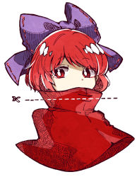 Rule 34 | 1girl, bow, cape, cropped torso, dotted line, hair bow, high collar, looking at viewer, purple bow, red eyes, red hair, scissors, sekibanki, short hair, simple background, solo, tama (hiroshige 36), touhou, upper body, white background