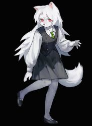 Rule 34 | 1girl, albino, animal ears, black background, black footwear, black skirt, black vest, body fur, bright pupils, closed mouth, collared shirt, full body, furry, furry female, green necktie, grey pantyhose, hand up, highres, light smile, loafers, long hair, long sleeves, looking at viewer, necktie, original, pantyhose, puffy long sleeves, puffy sleeves, red eyes, school uniform, shirt, shoes, simple background, skirt, slit pupils, solo, standing, standing on one leg, striped necktie, tail, very long hair, vest, walking, white fur, white hair, white pupils, white shirt, wolf ears, wolf girl, wolf tail, yuuko (yuuko891)