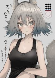 Rule 34 | 1girl, absurdres, animal ears, arknights, ashlock (arknights), bare arms, bare shoulders, blush, breasts, cleavage, clothes lift, grey background, grey eyes, grey hair, hair between eyes, hand under clothes, highres, material growth, medium breasts, midriff, oripathy lesion (arknights), scratching, shirt lift, short hair, simple background, solo, squirrel ears, squirrel tail, tail, tank top