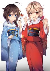 Rule 34 | 10s, 2girls, ahoge, alternate costume, alternate hairstyle, blonde hair, blue eyes, blue kimono, brown hair, claw pose, cowboy shot, floral print, flower, fur-trimmed kimono, fur trim, hair flaps, hair flower, hair ornament, hair over shoulder, hairclip, highres, japanese clothes, kantai collection, kimono, long hair, long sleeves, looking at viewer, multiple girls, new year, nyum, obi, open mouth, red eyes, red kimono, sash, shigure (kancolle), smile, twintails, wide sleeves, yuudachi (kancolle)