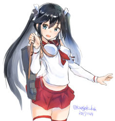 Rule 34 | 1girl, between breasts, black hair, blue eyes, breast lift, breasts, cowboy shot, dated, detached sleeves, isuzu (kancolle), kangoku kou, kantai collection, long hair, looking at viewer, pleated skirt, red sailor collar, red skirt, sailor collar, school uniform, serafuku, simple background, skirt, solo, strap, thighhighs, twintails, twitter username, white background, white thighhighs