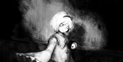 Rule 34 | 1girl, amo (silent bomb19), bad id, bad pixiv id, creepy, dark, dress, from side, greyscale, hair ornament, hairband, heart, heart hair ornament, horror (theme), komeiji satori, long sleeves, looking at viewer, monochrome, parted lips, short hair, solo, standing, staring, third eye, touhou, wall, wide sleeves