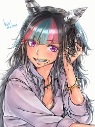 Rule 34 | 1girl, black hair, blue hair, bracelet, breasts, chin piercing, cleavage, collarbone, collared shirt, covered erect nipples, danganronpa (series), danganronpa 2: goodbye despair, dress shirt, ear piercing, grin, hair horns, hand in own hair, highres, jewelry, long hair, looking at viewer, mioda 69ch, mioda ibuki, multicolored hair, necklace, no bra, open clothes, open shirt, piercing, pink eyes, pink hair, shiny skin, shirt, signature, simple background, small breasts, smile, solo, streaked hair, unbuttoned, unbuttoned shirt, upper body, very long hair, white background, white shirt, wing collar