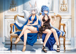 Rule 34 | 2girls, animal ears, azur lane, blue dress, blue eyes, blue hair, breasts, brown eyes, brown tail, champagne flute, commentary request, cup, dress, drinking glass, drooling, drunk, essex (azur lane), essex (craft fairytail) (azur lane), evening gown, fox ears, fox girl, fox tail, gold footwear, halter dress, halterneck, high heels, highres, kaga (azur lane), kaga (exalted white wings) (azur lane), kitsune, kyuubi, large breasts, large tail, crossed legs, long hair, looking at viewer, multiple girls, multiple tails, o-ring dress, one eye closed, smile, stardust (chen&#039;ai weiding), tail, teeth, white hair