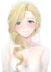 Rule 34 | 1girl, absurdres, azur lane, bad id, bad pixiv id, blonde hair, blue eyes, breasts, bridal veil, cleavage, detached sleeves, dress, earrings, highres, hood (azur lane), hood (rosey love poem) (azur lane), jewelry, looking at viewer, nagarenagare, necklace, official art, pearl necklace, simple background, upper body, veil, wedding dress, white background