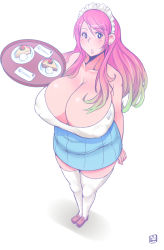 Rule 34 | 1girl, alice (alice in wonderland), bare shoulders, black eyes, blush, breasts, cake, cleavage, collarbone, covered erect nipples, female focus, food, from above, full body, gaikiken, gradient hair, green hair, hair ornament, highres, huge breasts, lips, long hair, looking at viewer, maid headdress, miniskirt, multicolored hair, no bra, parted lips, pink hair, plump, puffy nipples, shadow, shoes, simple background, skirt, solo, standing, thighhighs, waitress, white background, white thighhighs