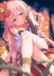 Rule 34 | 1girl, bare shoulders, blue eyes, blush, breasts, bridal gauntlets, cleavage, commentary request, crossed legs, demimushi, duel monster, flower, hair flower, hair ornament, highres, long hair, medium breasts, pink hair, pointy ears, sitting, smile, solo, traptrix rafflesia, very long hair, yu-gi-oh!