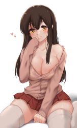 Rule 34 | 10s, 1girl, akagi (kancolle), areola slip, bare shoulders, between legs, blush, breasts, brown eyes, brown hair, buttons, cleavage, collarbone, eyebrows, fukuroumori, hand between legs, heart, highres, kantai collection, large breasts, long hair, off shoulder, simple background, sitting, skirt, smile, solo, sweater, thighhighs, wariza, white thighhighs