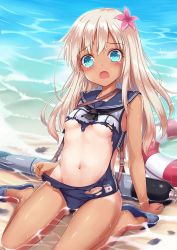 Rule 34 | 10s, 1girl, beach, blonde hair, blue eyes, blush, breasts, flower, hair flower, hair ornament, kantai collection, lifebuoy, long hair, looking at viewer, milkshakework, navel, one-piece tan, open mouth, outdoors, revision, ro-500 (kancolle), sailor collar, school swimsuit, school uniform, serafuku, sitting, slippers, small breasts, solo, swim ring, swimsuit, swimsuit under clothes, tan, tanline, tears, torn clothes, torn swimsuit, torpedo, underboob, wariza, water
