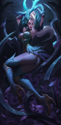 Rule 34 | 1girl, absurdres, arms up, ass, blonde hair, blue thighhighs, breasts, citemer, cleavage cutout, closed eyes, clothing cutout, coven zyra, eyelashes, eyeshadow, feather trim, feathers, green leotard, high heels, highres, large breasts, league of legends, leotard, makeup, open mouth, ponytail, red eyeshadow, red lips, solo, thighhighs, zyra