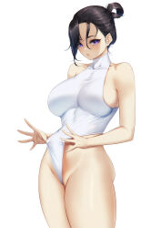 Rule 34 | 1girl, black hair, blueorca, breasts, character request, clothes pull, highres, large breasts, looking at viewer, mole, mole on pussy, mole under mouth, one-piece swimsuit, ponytail, purple eyes, simple background, solo, swimsuit, thighs, turtleneck, white background, white one-piece swimsuit, white swimsuit