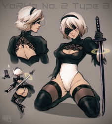 Rule 34 | 1girl, ass, back cutout, black dress, blindfold, breasts, character name, cleavage, clothing cutout, collage, crop top, dress, feather-trimmed sleeves, iahfy, kneeling, leotard, leotard under clothes, magic, mole, mole under mouth, multiple views, nier (series), nier:automata, no pants, pod (nier:automata), silver hair, small breasts, sword, weapon, 2b (nier:automata)